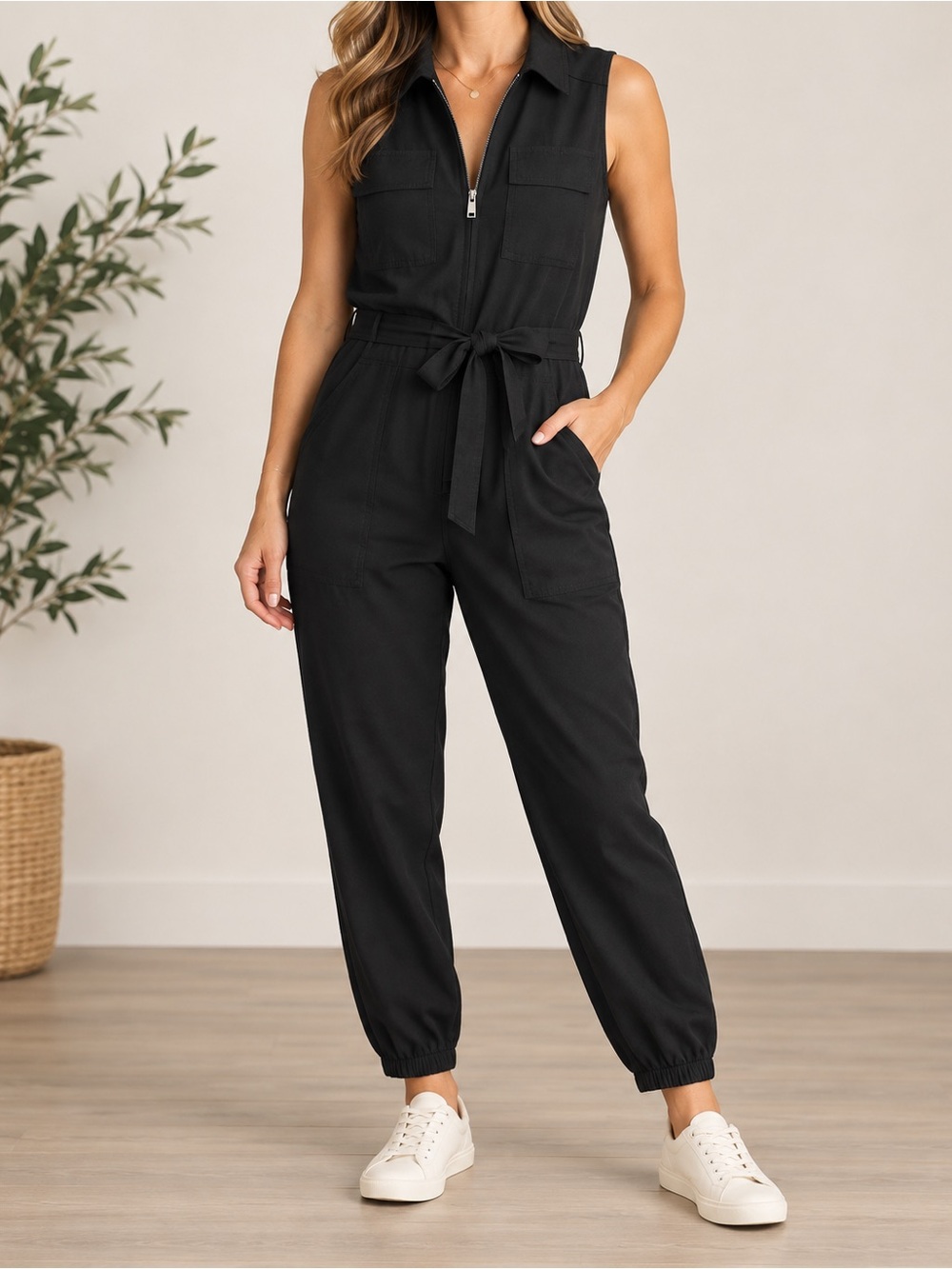 cabi Caper Jumpsuit Black Utility Cargo Zip Front Sleeveless XS